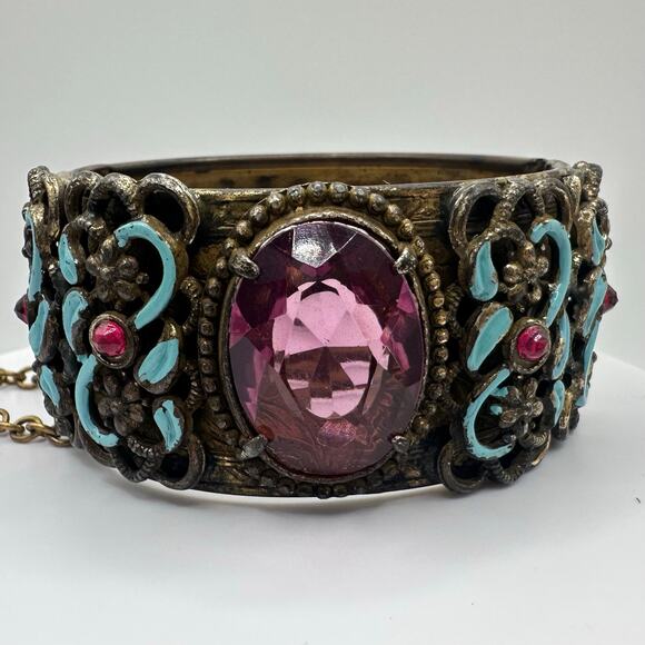 Vintage antique Austro Hungarian Czech glass enamel hinged bangle bracelet - Picture 1 of 10